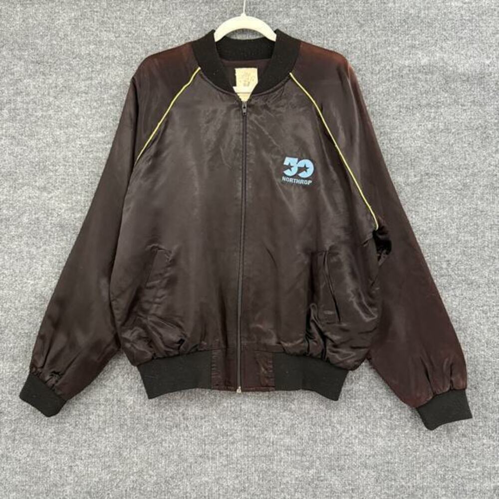 Vintage 80s Satin Bomber Jacket Adult XL Black Northrup 50 Years Embroidered